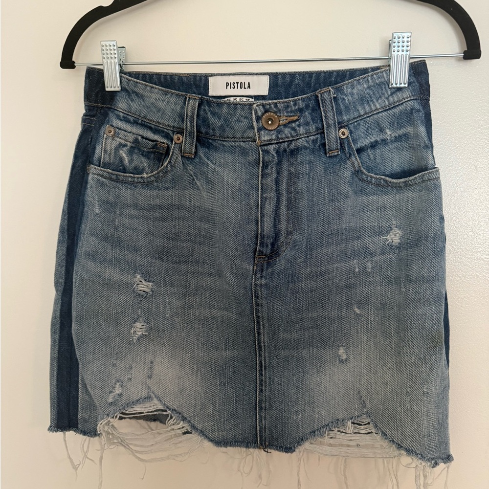Pistola Distressed Curved Ripped Hem Denim Skirt